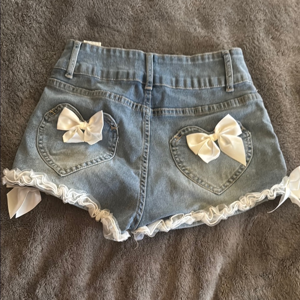 Stylish Blue Denim Shorts with White Bows